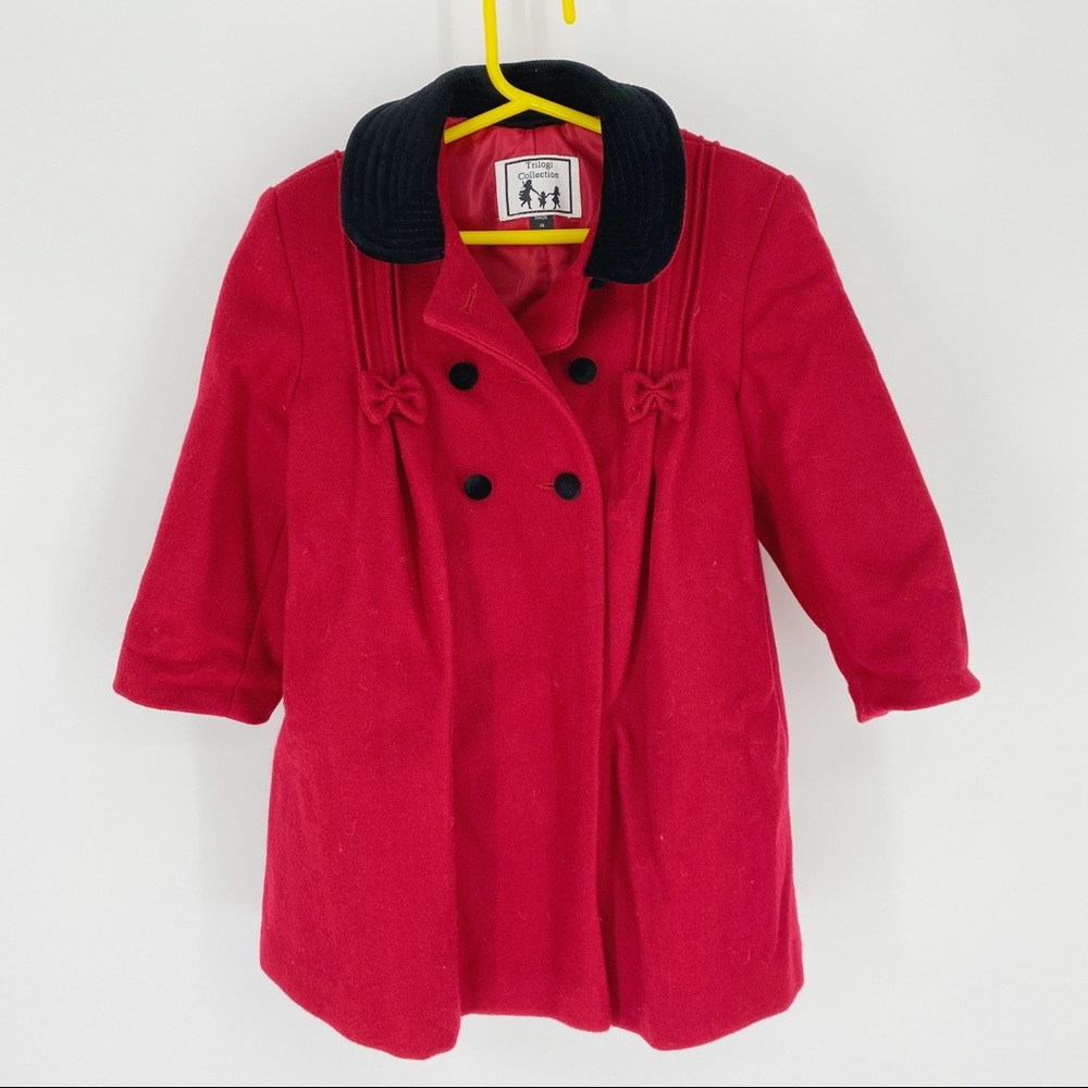 Trilogi Collection Vintage Red Wool Dress Coat Black Velvet Trim 24M/2T